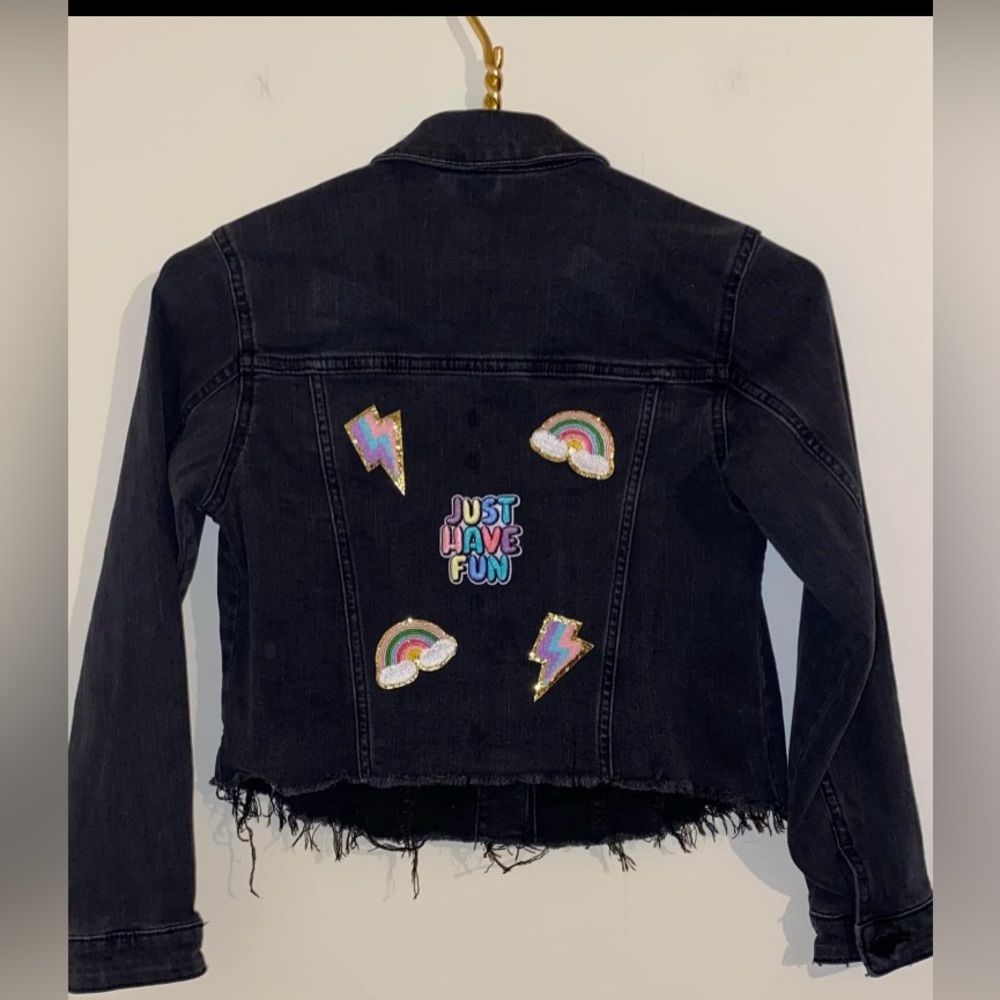 Girls Black Denim Jacket NWOT Custom Patches Sz 7/8 FREE SHIPPING